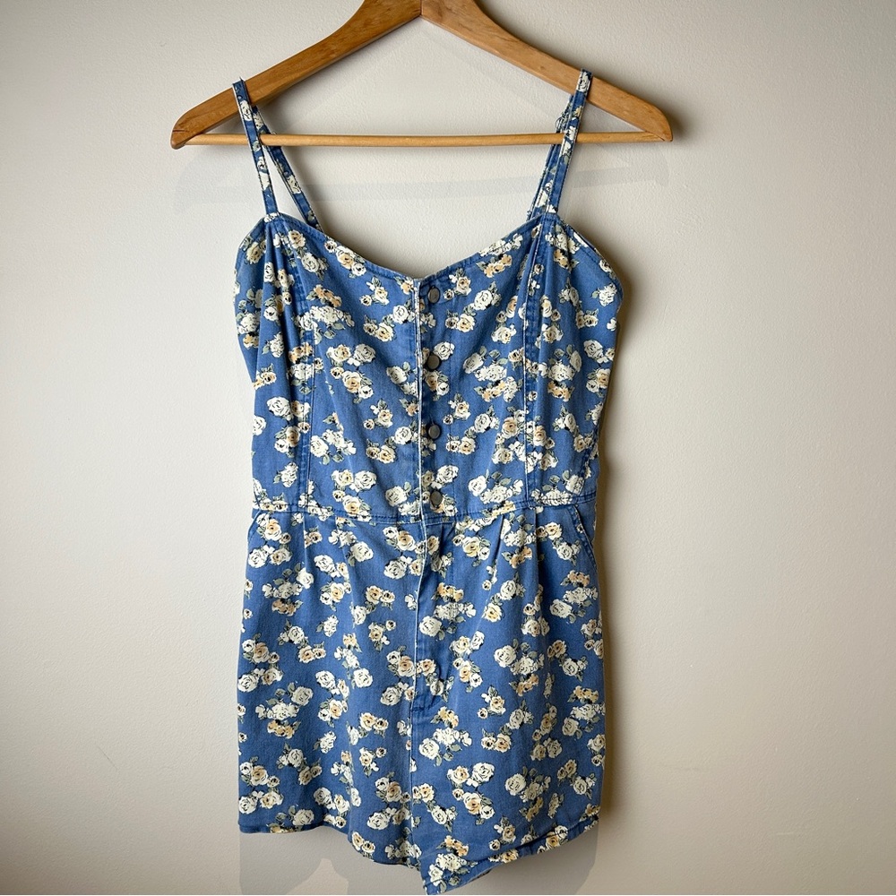 Floral print denim shorts button-up romper with pockets and adjustable straps